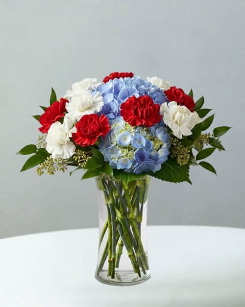 Red Carntions, Blue Hydrangea, White Carnations