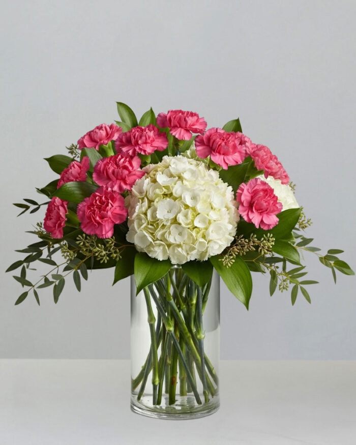 Carnations, Hydrangea, Seeded Eucalyptus