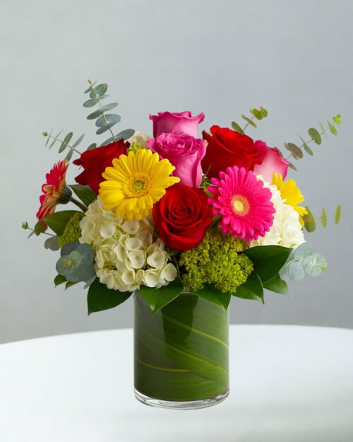 Yellow Daisies, Red Roses, White Hydrangea, Pink Roses