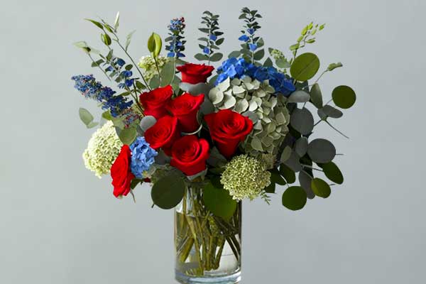 Red Roses, Hydrangea, Seeded Eucalyptus